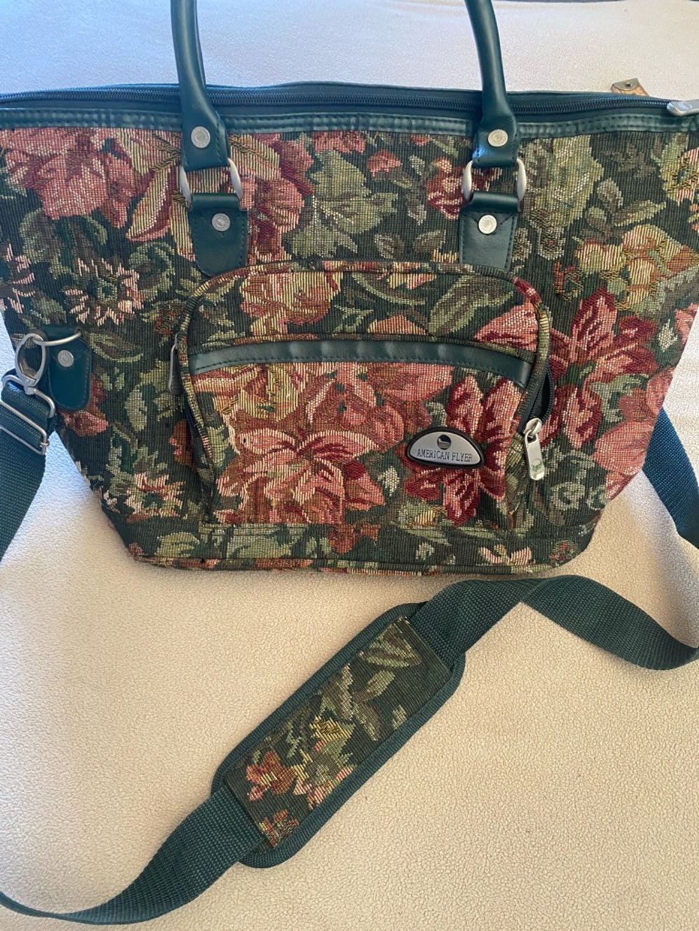 Tapestry Floral Tote with Dark Green Trim